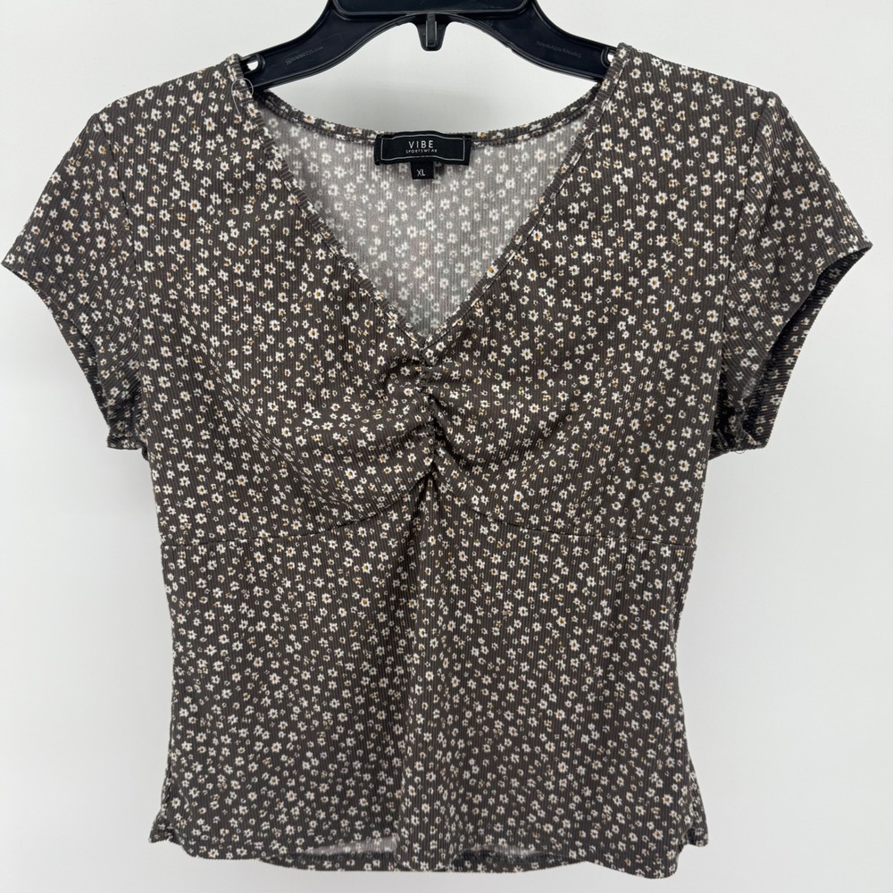 Y2K 90s Vibe Floral Ribbed Knot Front Top Brown Floral XL Babydoll TopBlouse